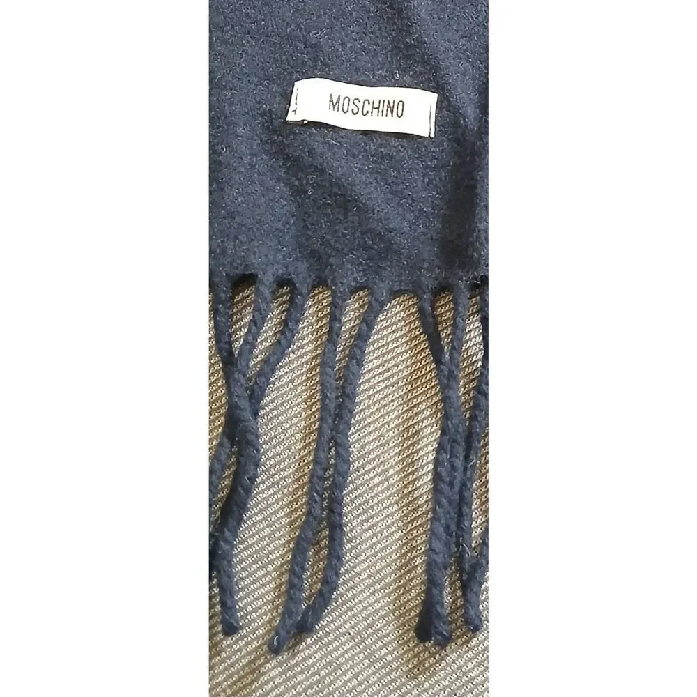 Moschino mens soft cashmere wool long scarf navy blue fringe